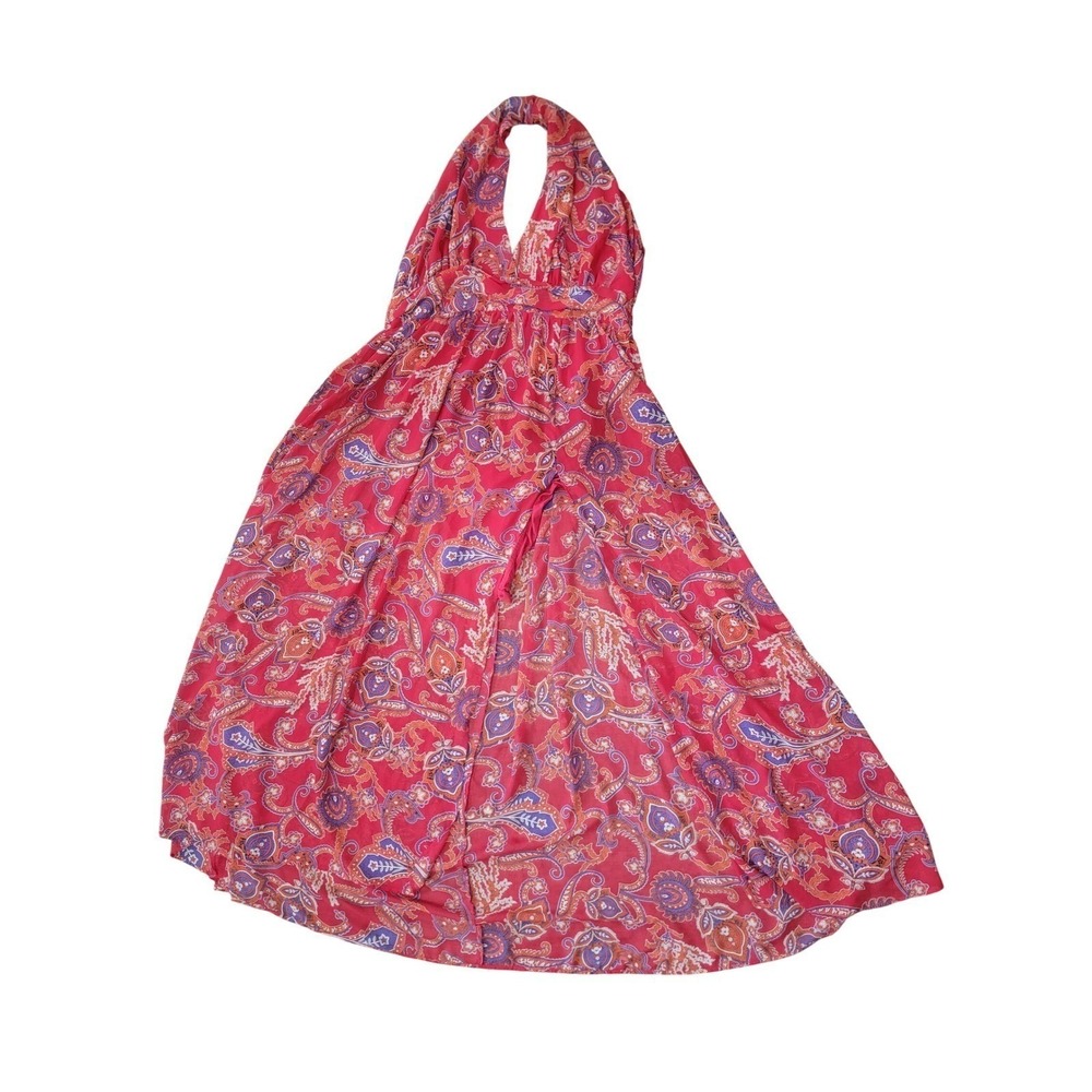 Fashion To Figure Red Paisley Halter Maxi Dress Plus Size 3 High Slit Gown - Picture 2 of 7